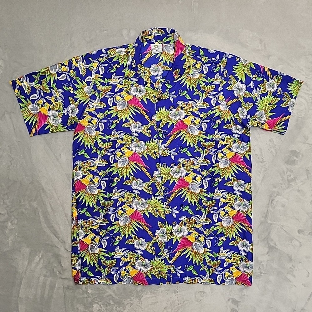 Island Shirtworks Parrot Hibiscus Hawaiian Shirt Men Medium Blue Tropical Floral